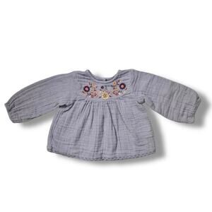 Peek Girls Top 12–18M Gray Embroidered Muslin Cotton Long Sleeve Bohemian